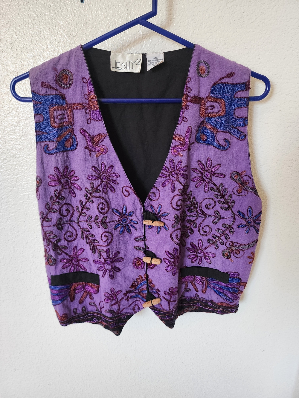 Vintage 90s Heshy 2 Embroidered Elephant Vest Purple Boho Small
